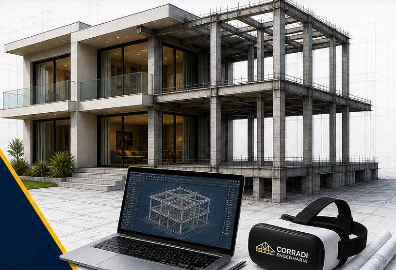 Projeto residencial estrutural em 3D com óculos de realidade virtual